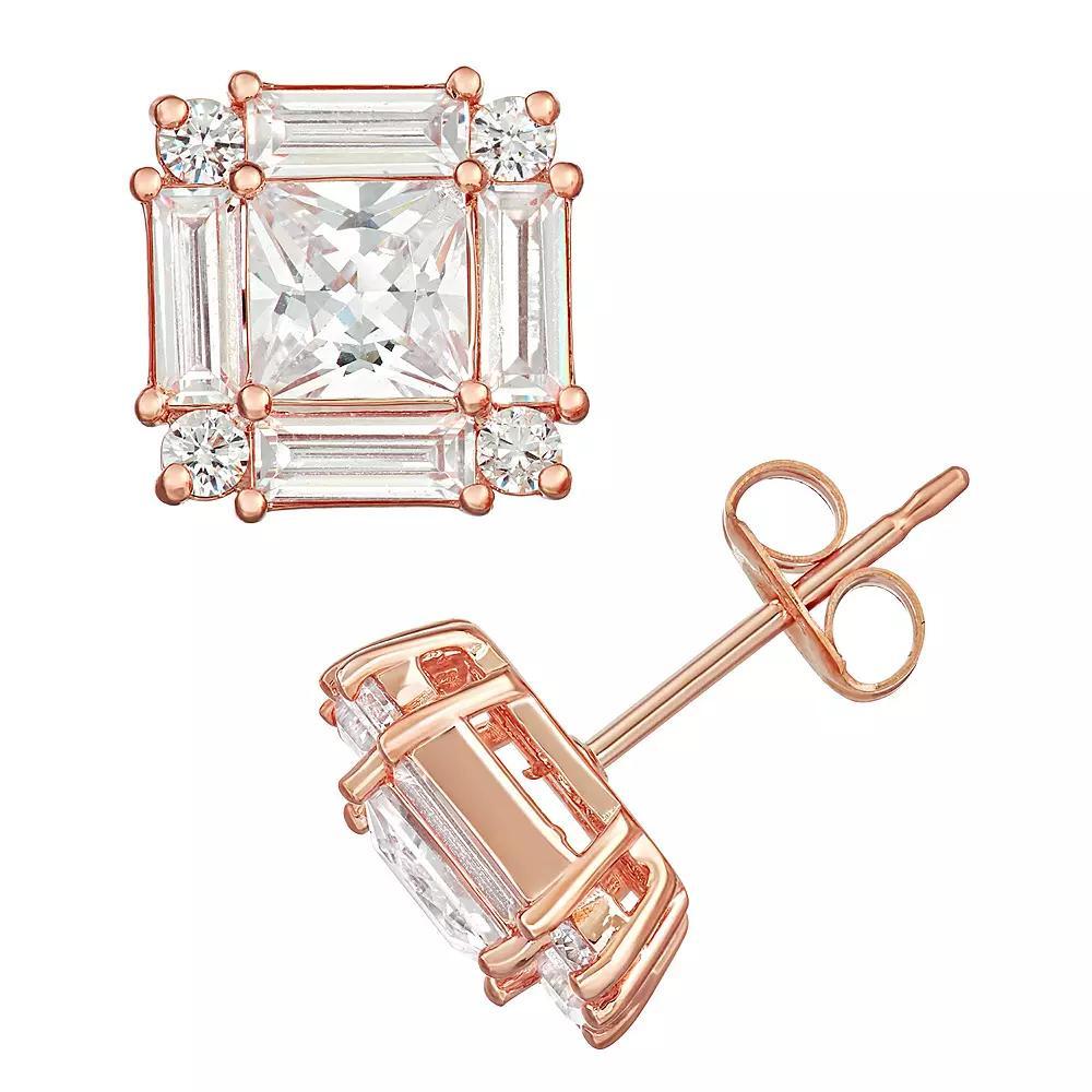 14k Rose Gold Over Silver Cubic Zirconia Princess Stud Earrings, Women's, Pink Tone Product Image
