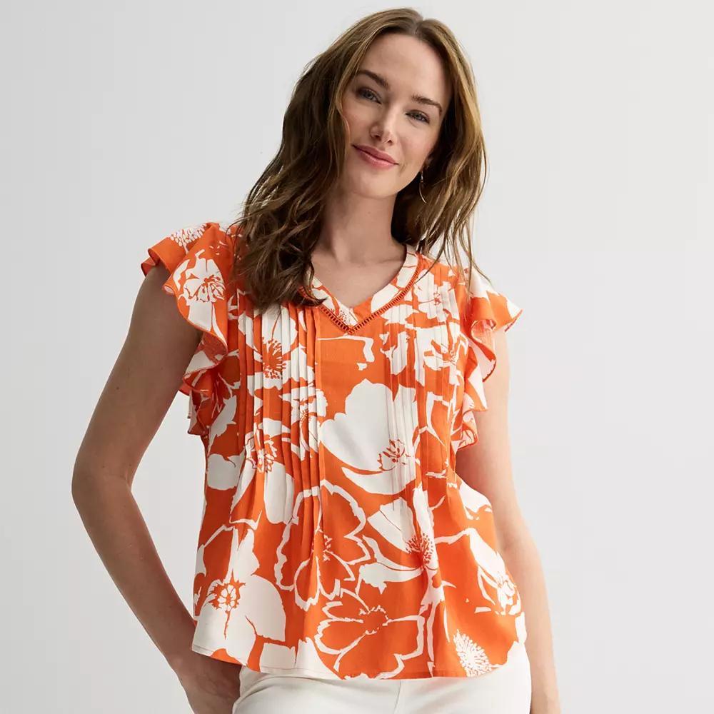 Women's Sonoma Goods For Life® Flutter Sleeve Pintuck Top, Size: XL, Orange Bold Floral Product Image