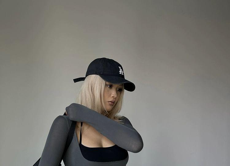 Set: Long-Sleeve Scoop Neck Plain T-Shirt + Sports Bra Top Product Image