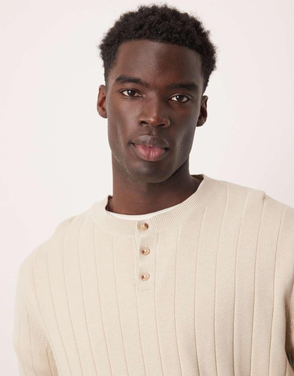 ASOS DESIGN relaxed knitted wide rib grandad neck sweater in oatmeal Product Image