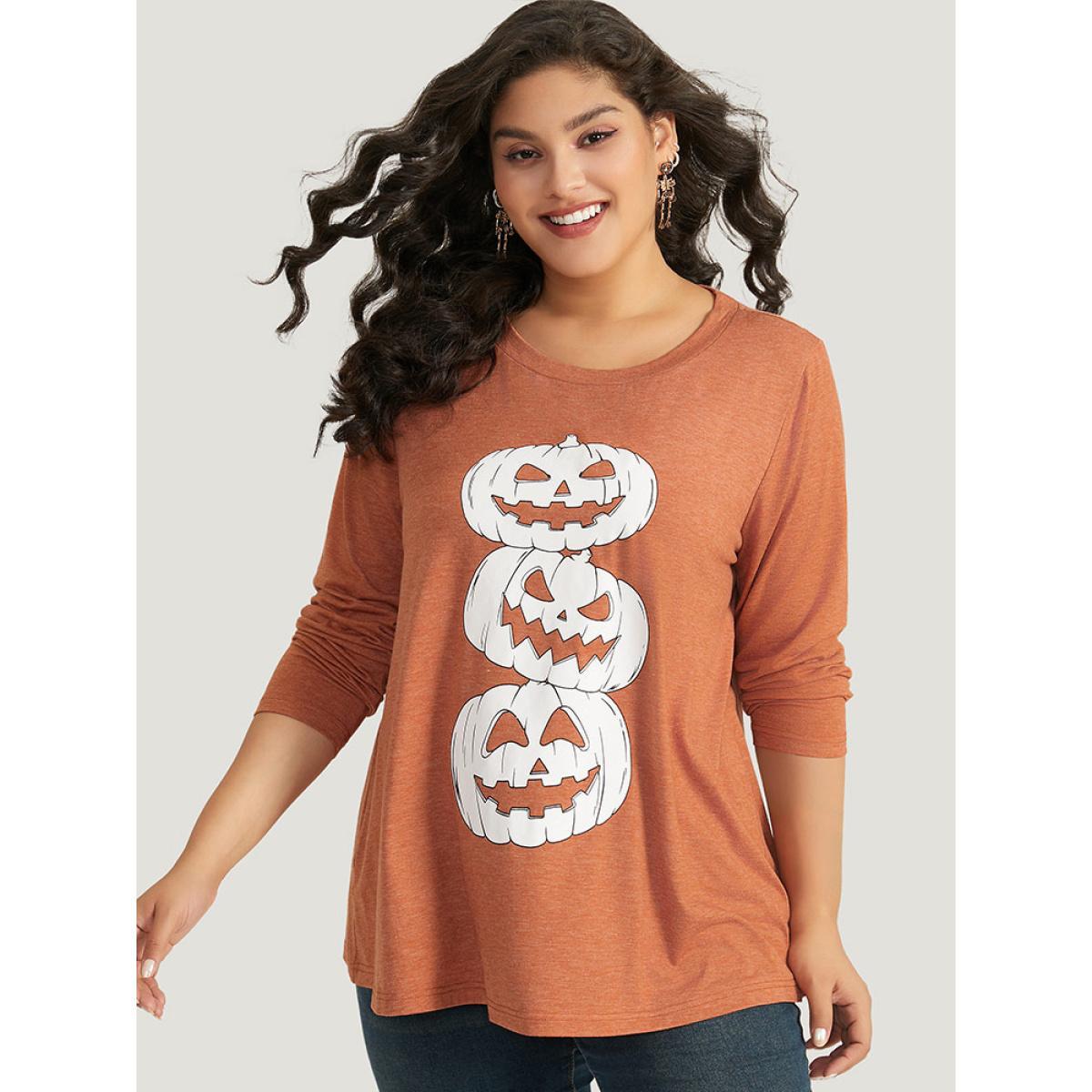 Plus Size Halloween Three Pumpkin Print Crew Neck T-shirt Chocolate Women Casual Printed Halloween Festival-Halloween T-shirts BloomChic 10/M Product Image