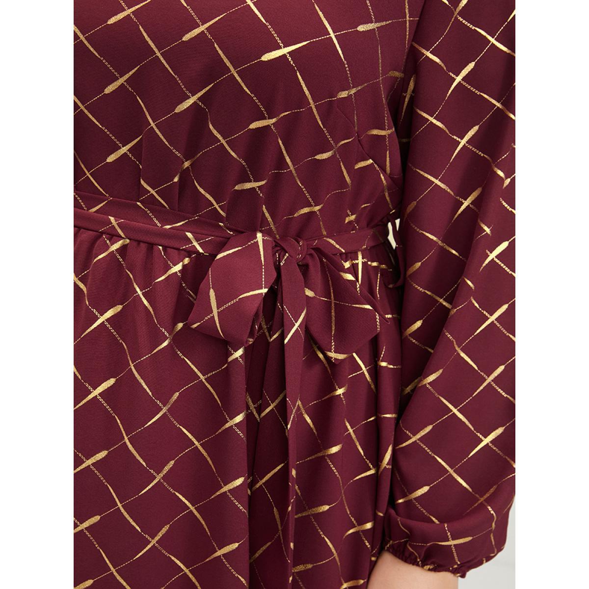 Plus Size Geometric Lantern Sleeve Pocket Keyhole Round Neck Belted Dress Scarlet Women Party Elastic Waist Round Neck Long Sleeve Curvy Midi Dress BloomChic 12/L Product Image