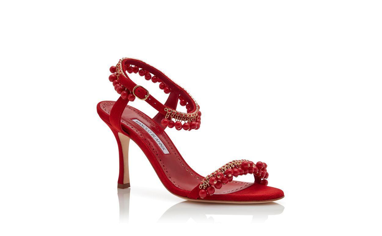 RAVELLANU Red Suede Jewel Embellished Sandals  Product Image