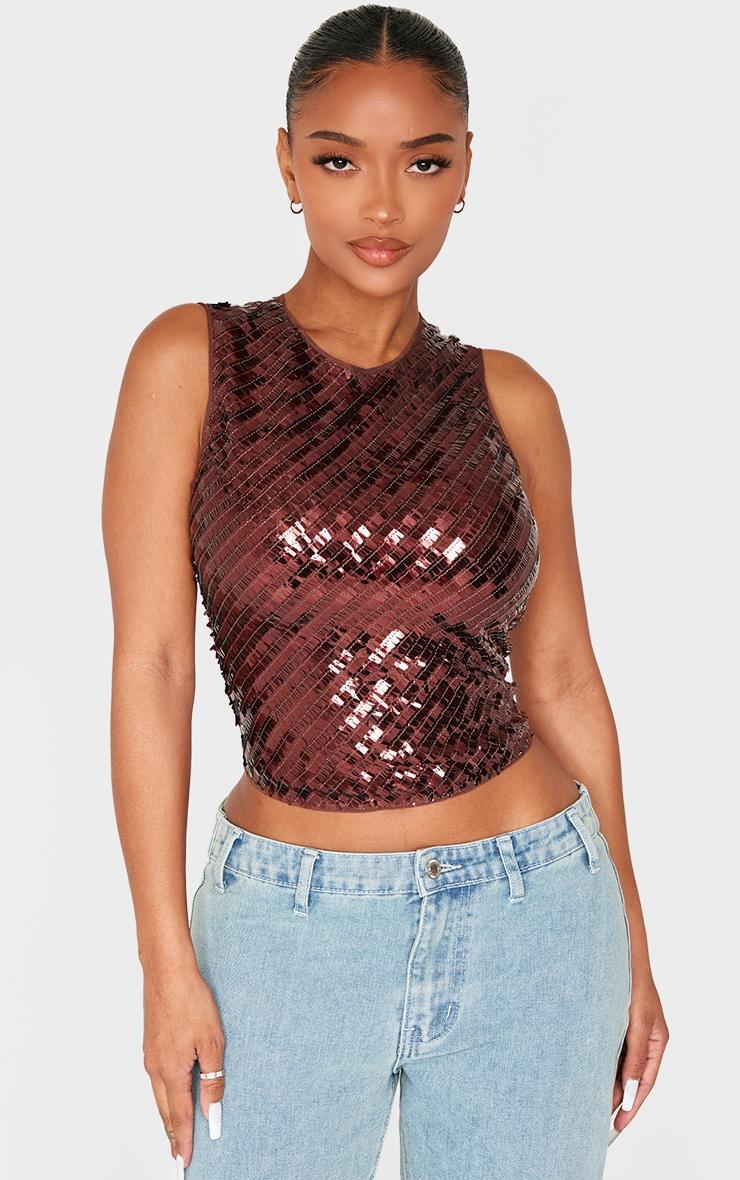 Shape Chocolate Sequin Sleeveless Tank Top Product Image