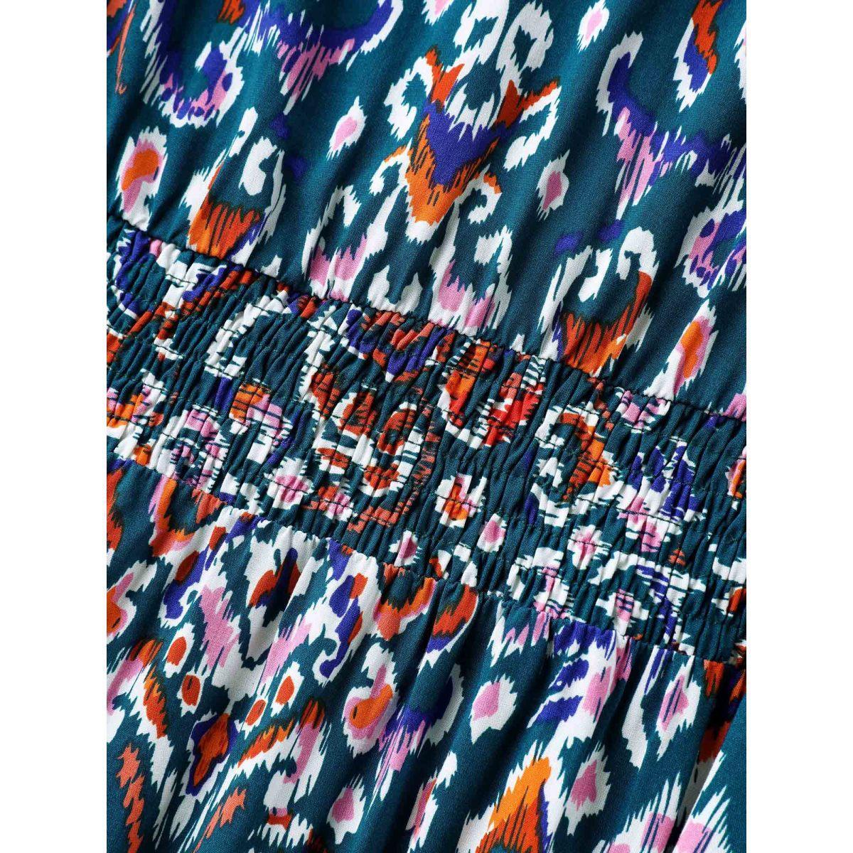 Plus Size Abstract Print Shirred Waist Midi Dress Aegean Women Flat collar with V-notch Half Sleeve Curvy BloomChic 18-20/2X Product Image