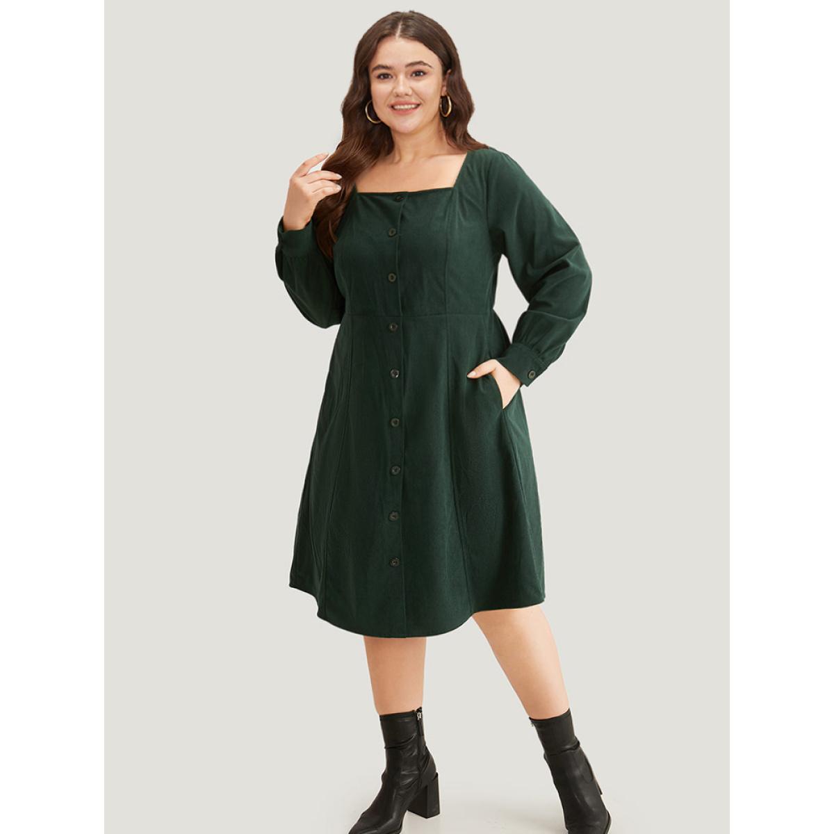 Plus Size Corduroy Plain Pocket Button Detail Dress DarkGreen Women Elegant Gathered Square Neck Long Sleeve Curvy Midi Dress BloomChic 14-16/1X Product Image