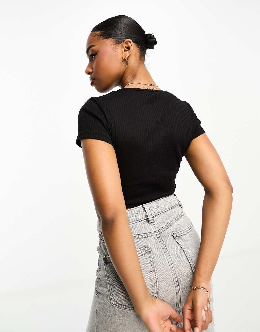 Monki ribbed pointelle long sleeve shrunken top Product Image