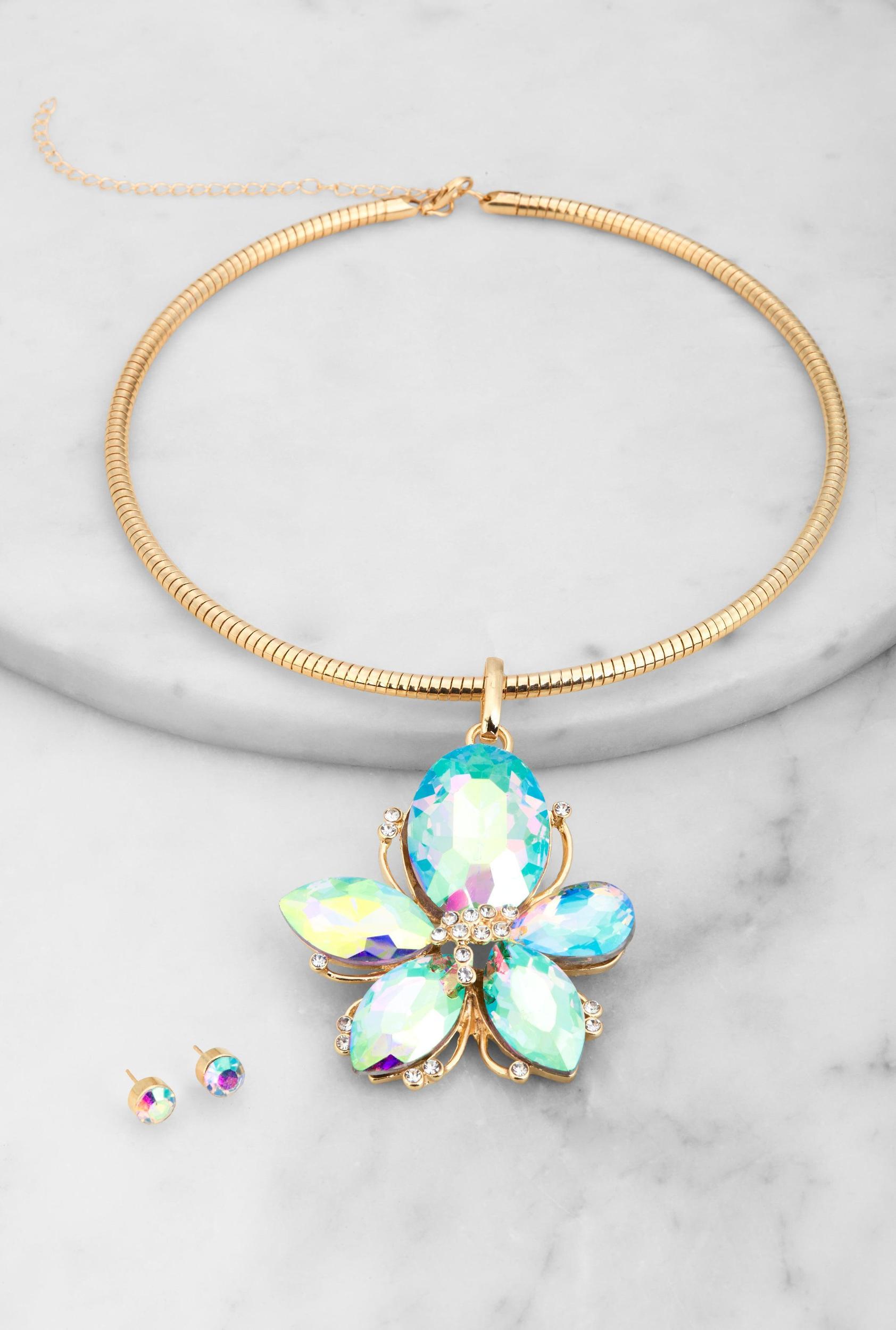 Rhinestone Flower Statement Necklace and Earrings Set Female Product Image