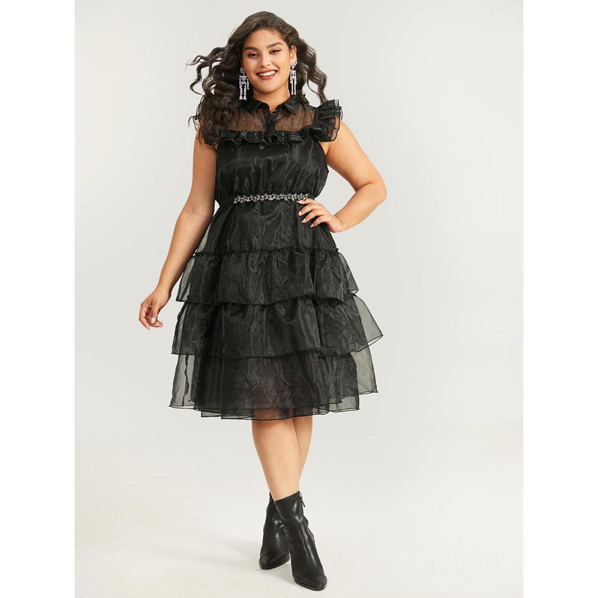 Plus Size Halloween Solid Mesh Layered Ruffle Wednesday Dress Black Women Glamour See through Shirt collar Sleeveless Curvy Midi Dress BloomChic 26/4X Product Image