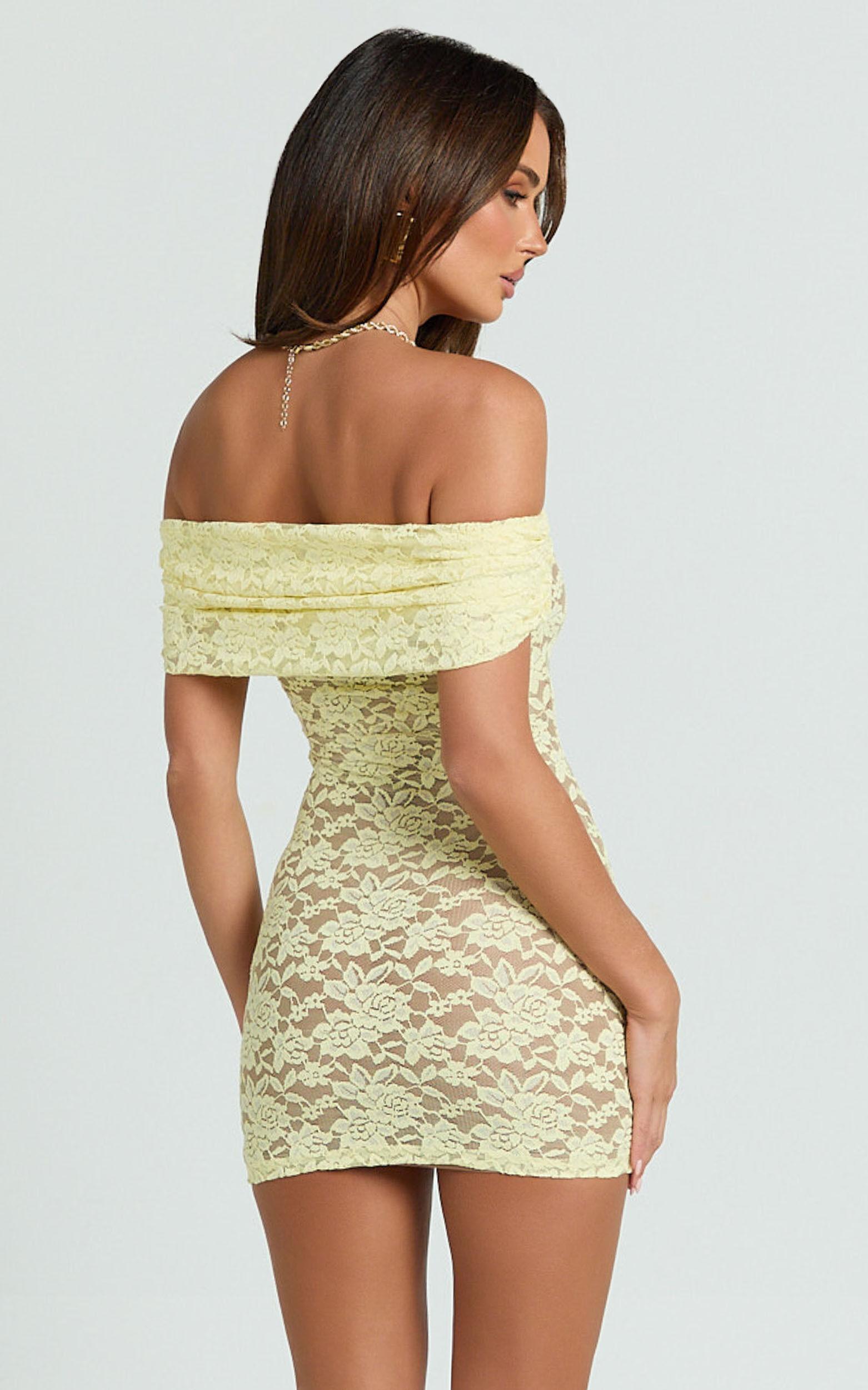 Nalani Mini Dress - Lace Off Shoulder Bodycon Dress in Lemon Product Image