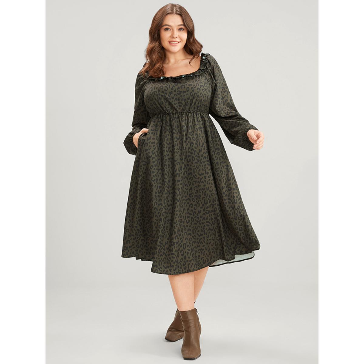Plus Size Leopard Print Square Neck Pocket Puff Sleeve Midi Dress ArmyGreen Women Elegant Square Neck Long Sleeve Curvy Midi Dress BloomChic 28/5X Product Image