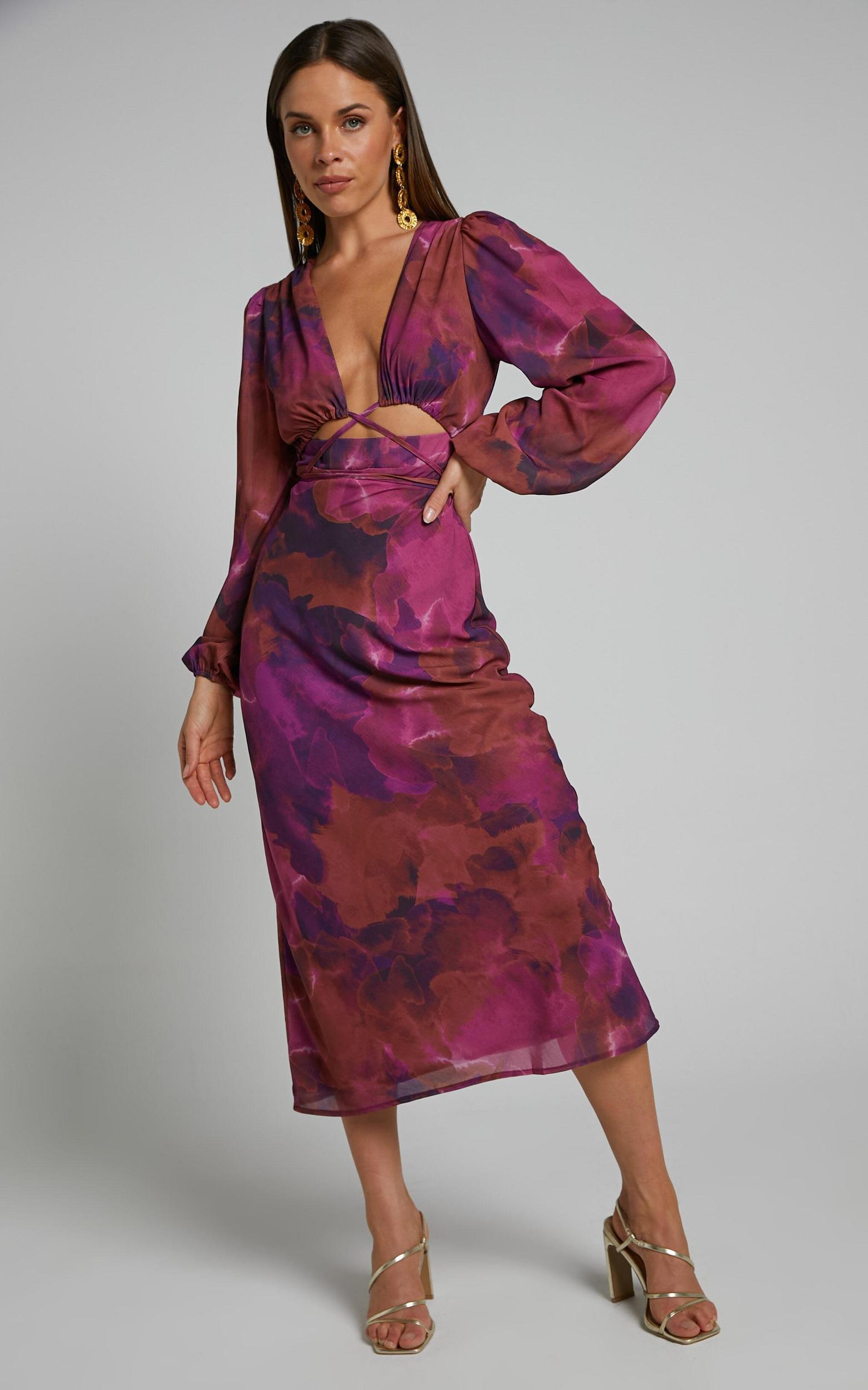 Artola Midi Dress - Front Cut Out Long Sleeve Dress in Blurred Dreams Product Image