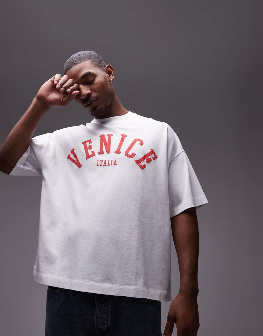 Topman oversized fit T-shirt with Venice print in white Product Image