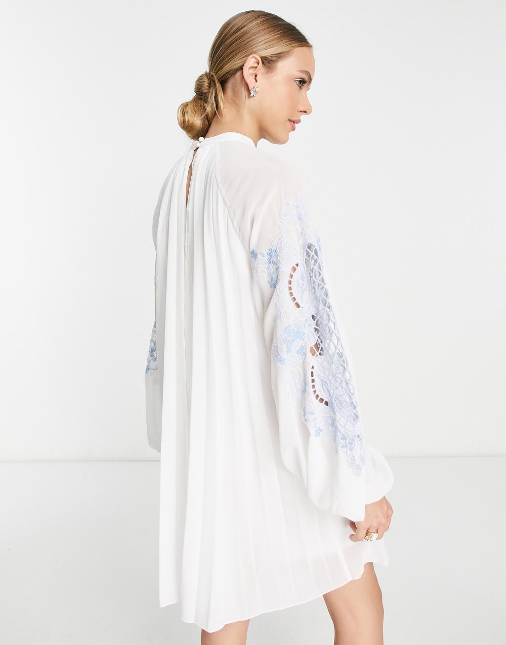 ASOS DESIGN pleated babydoll mini dress with oversized cutwork sleeve Product Image