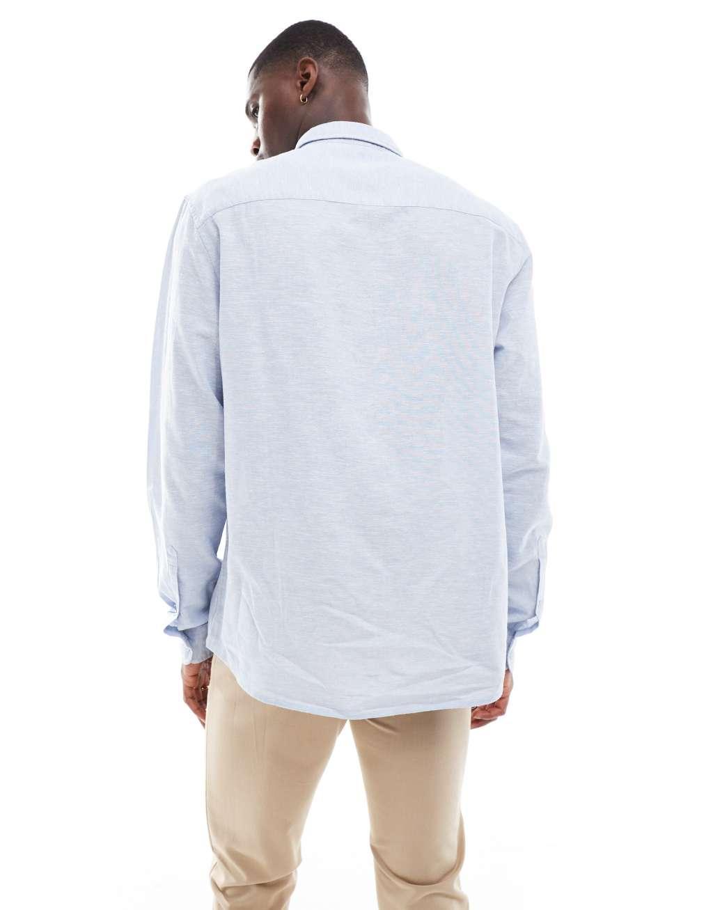 ASOS DESIGN regular smart linen wedding shirt with cut-away collar in light blue Product Image