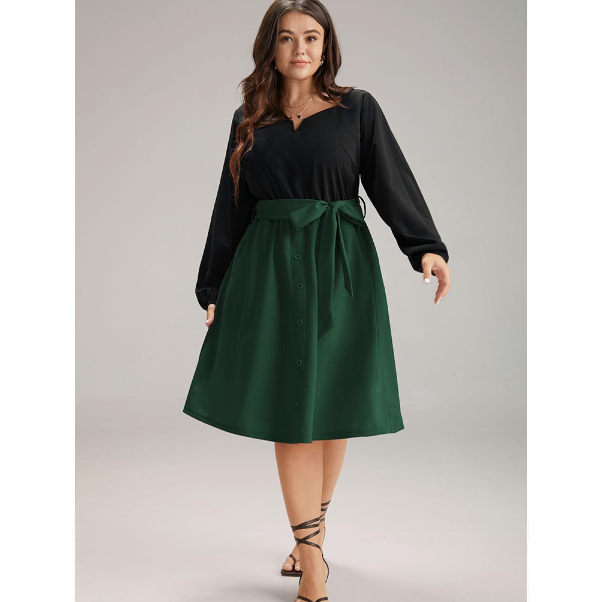 Plus Size Contrast Patchwork Button Detail Belted Dress DarkGreen Women At the Office Elastic cuffs Notched collar Long Sleeve Curvy Midi Dress BloomChic 30/6X Product Image