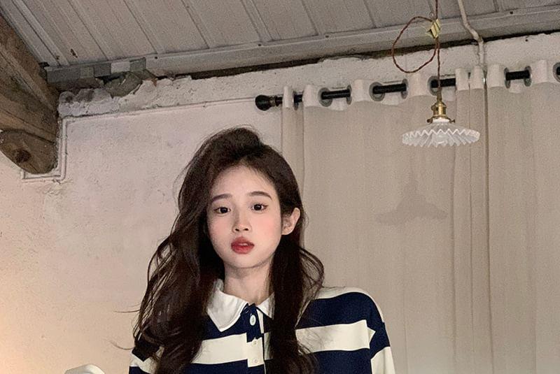 Long Sleeve Striped Loose-Fit Polo Sweatshirt Product Image