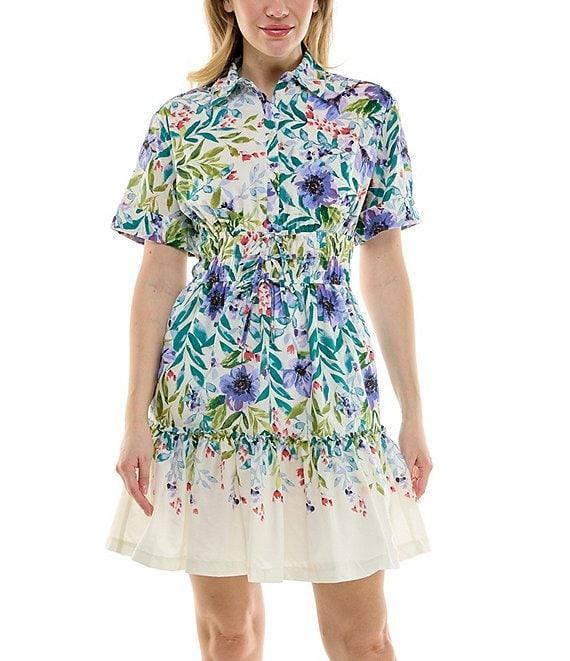 Moda Tara Cotton Floral Print Button Front Collar Tiered Shirt Dress Product Image