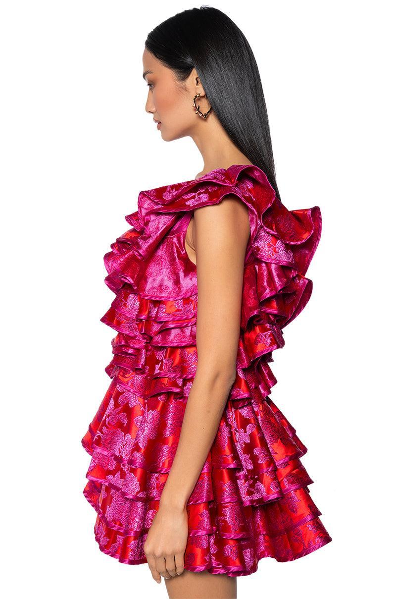 SHE IS BEAUTY BROCADE RUFFLE MINI DRESS Product Image