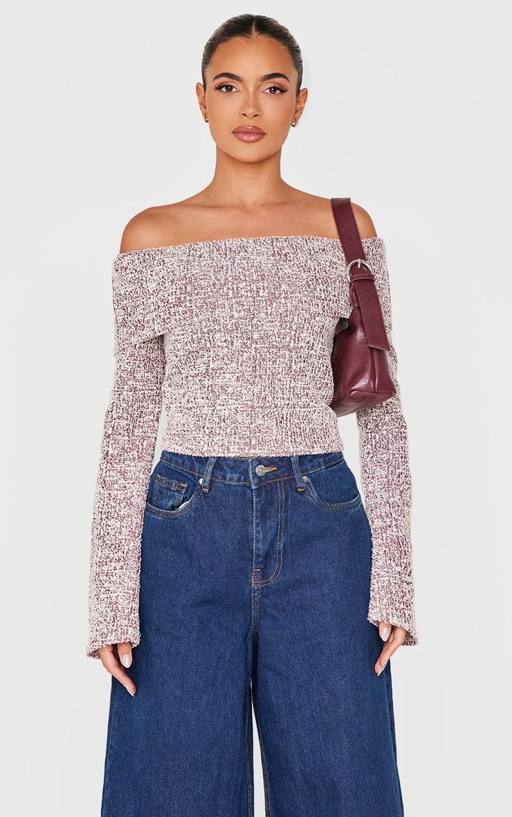 Burgundy Boucle Fold Over Bardot Long Sleeve Top Product Image