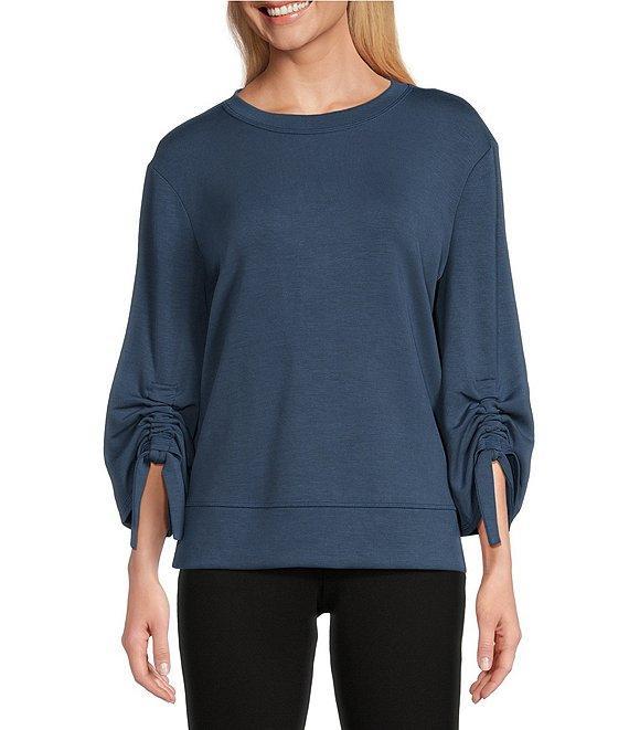 Westbound Printed Ruched Sleeve Crew Neck Top Product Image
