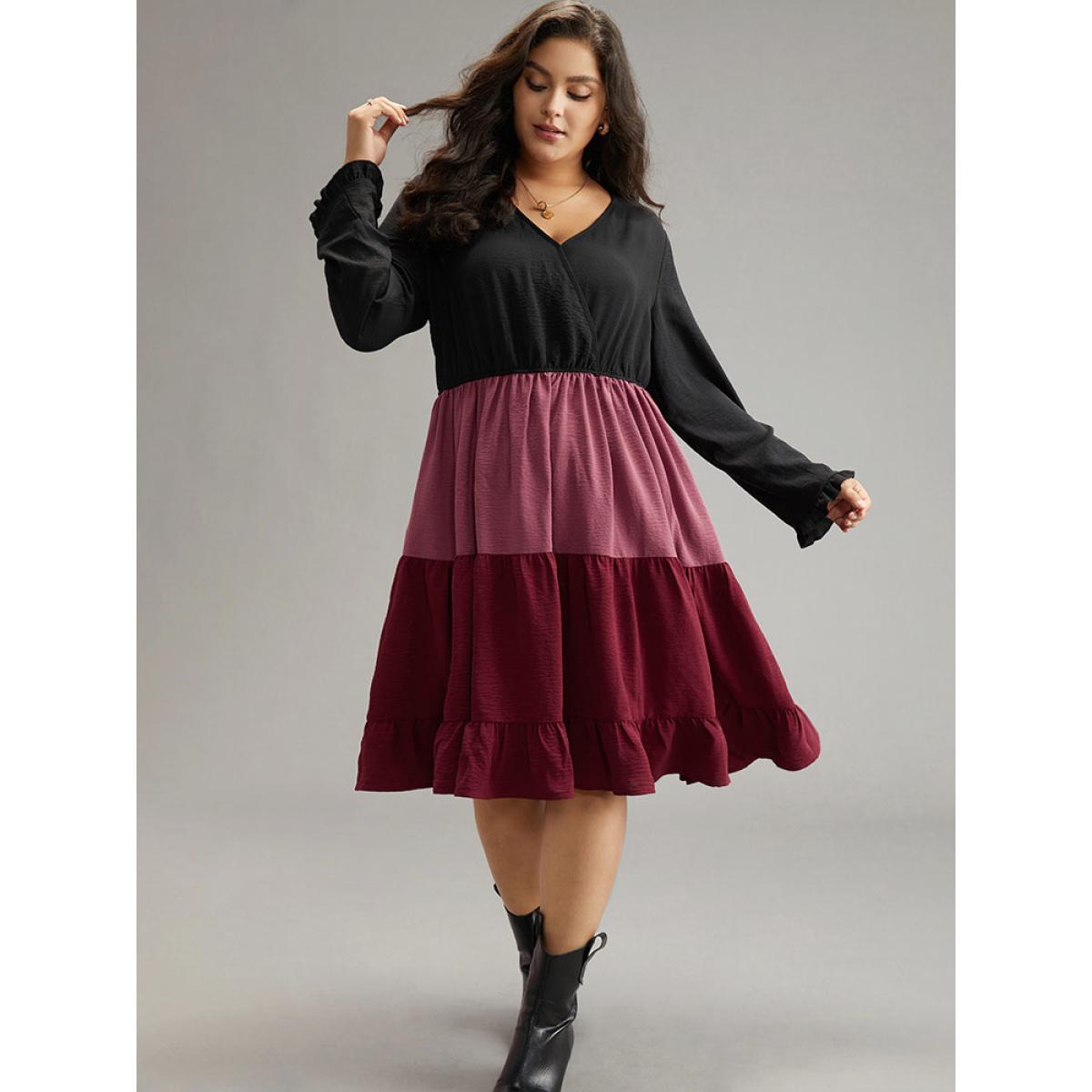 Plus Size Colorblock Contrast Ruffle Layered Hem Dress Black Women Casual Gathered V-neck Long Sleeve Curvy Midi Dress BloomChic 22-24/3X Product Image