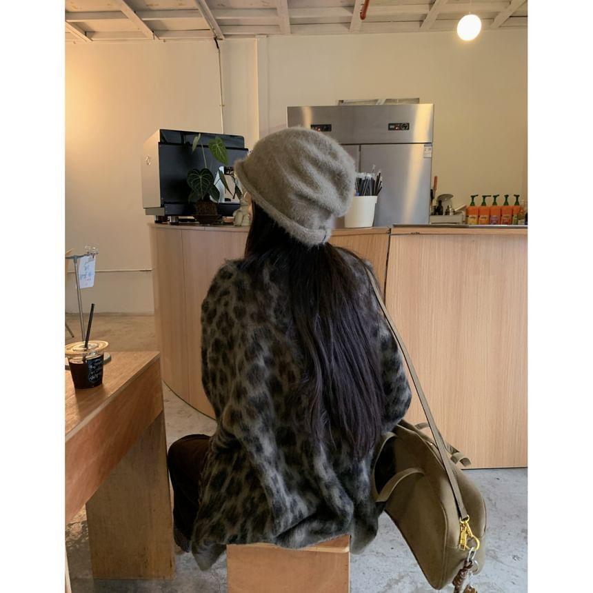 Round Neck Leopard Oversized Fluffy Cardigan Product Image