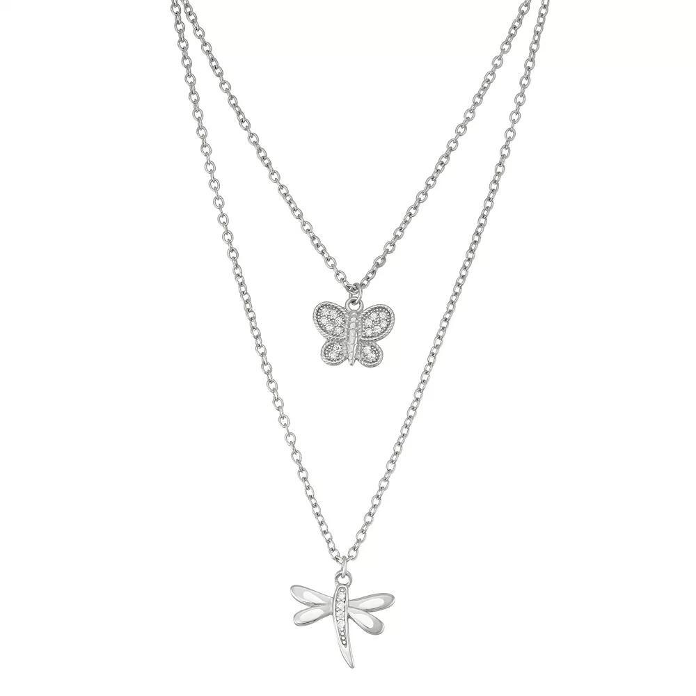 Sterling Silver Cubic Zirconia Butterfly & Dragonfly Layered Necklace, Women's, Size: 16", White Product Image