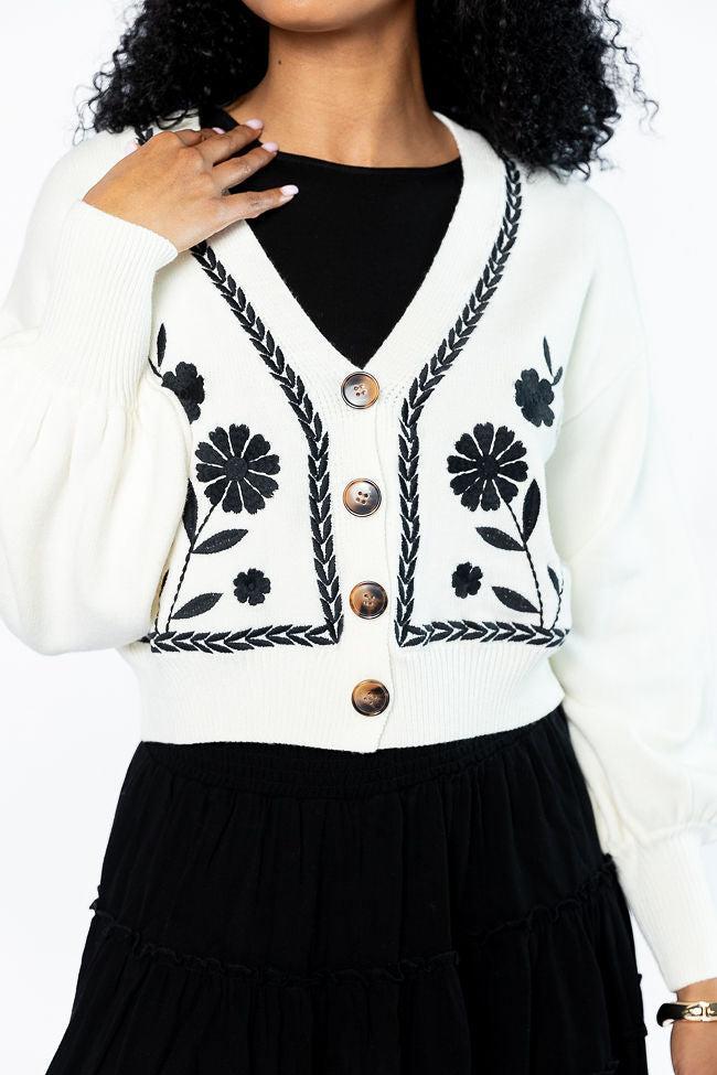Bloom With Grace Ivory and Black Floral Embroidered Cardigan SALE Product Image
