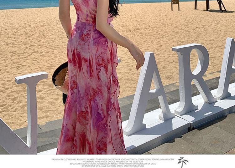 Spaghetti Strap V-Neck Floral Print Maxi A-Line Dress Product Image