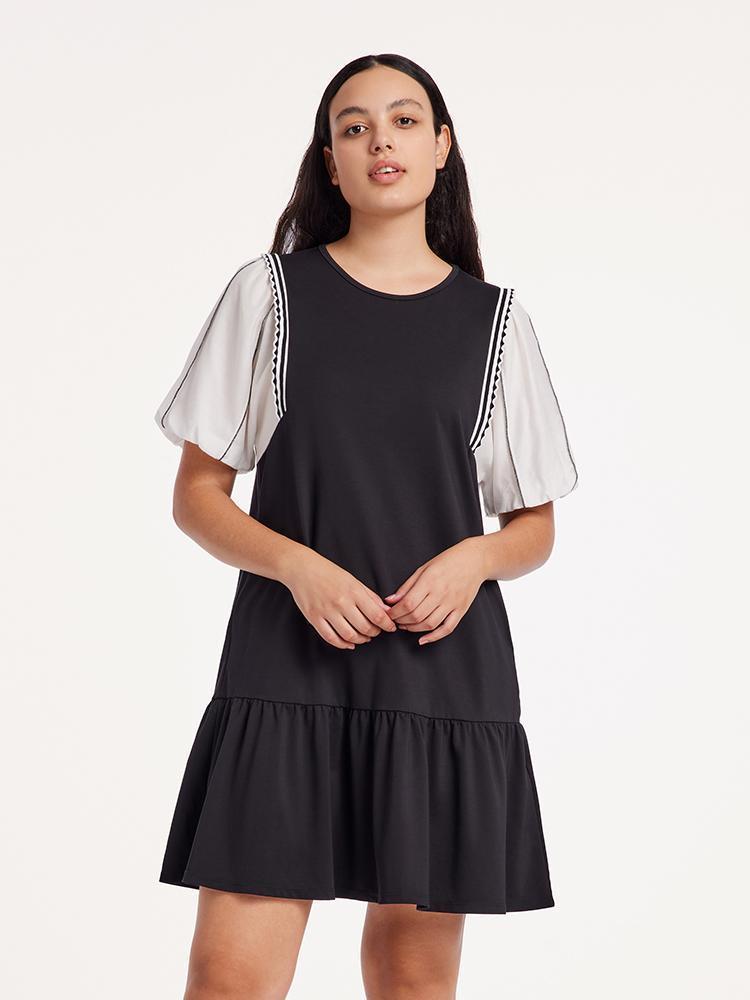A-Shape Patchwork Puff Sleeve Mini Dress Product Image