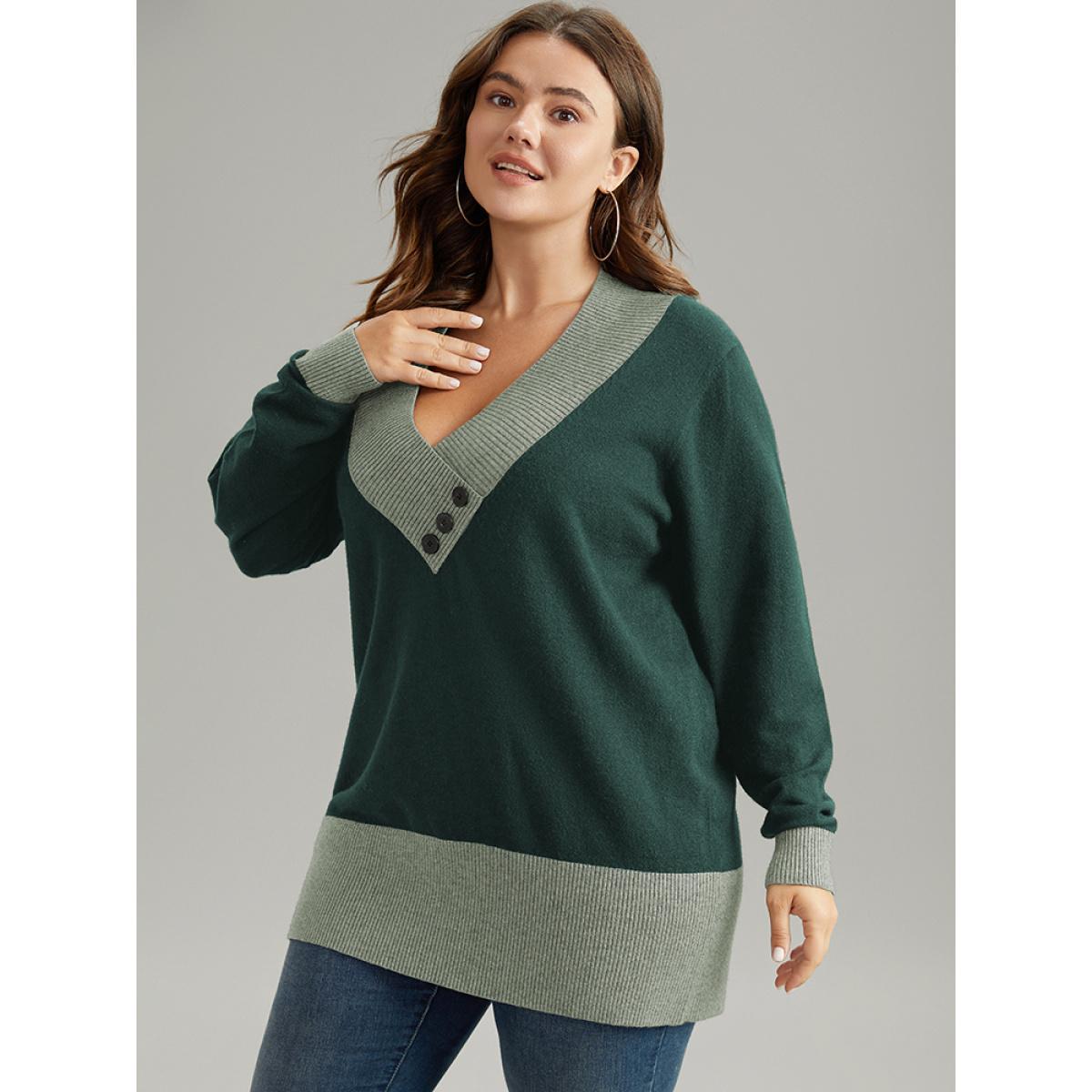 Plus Size Supersoft Essentials Contrast Deep V Neck Button Detail Pullover DarkGreen Women Casual Long Sleeve Deep V-neck Everyday Pullovers BloomChic 26/4X Product Image