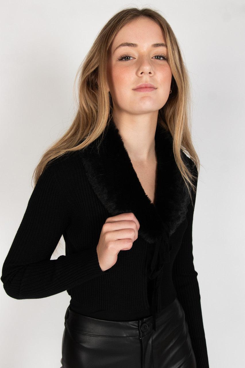 Faux Fur Collar Tie Front Cardigan Product Image