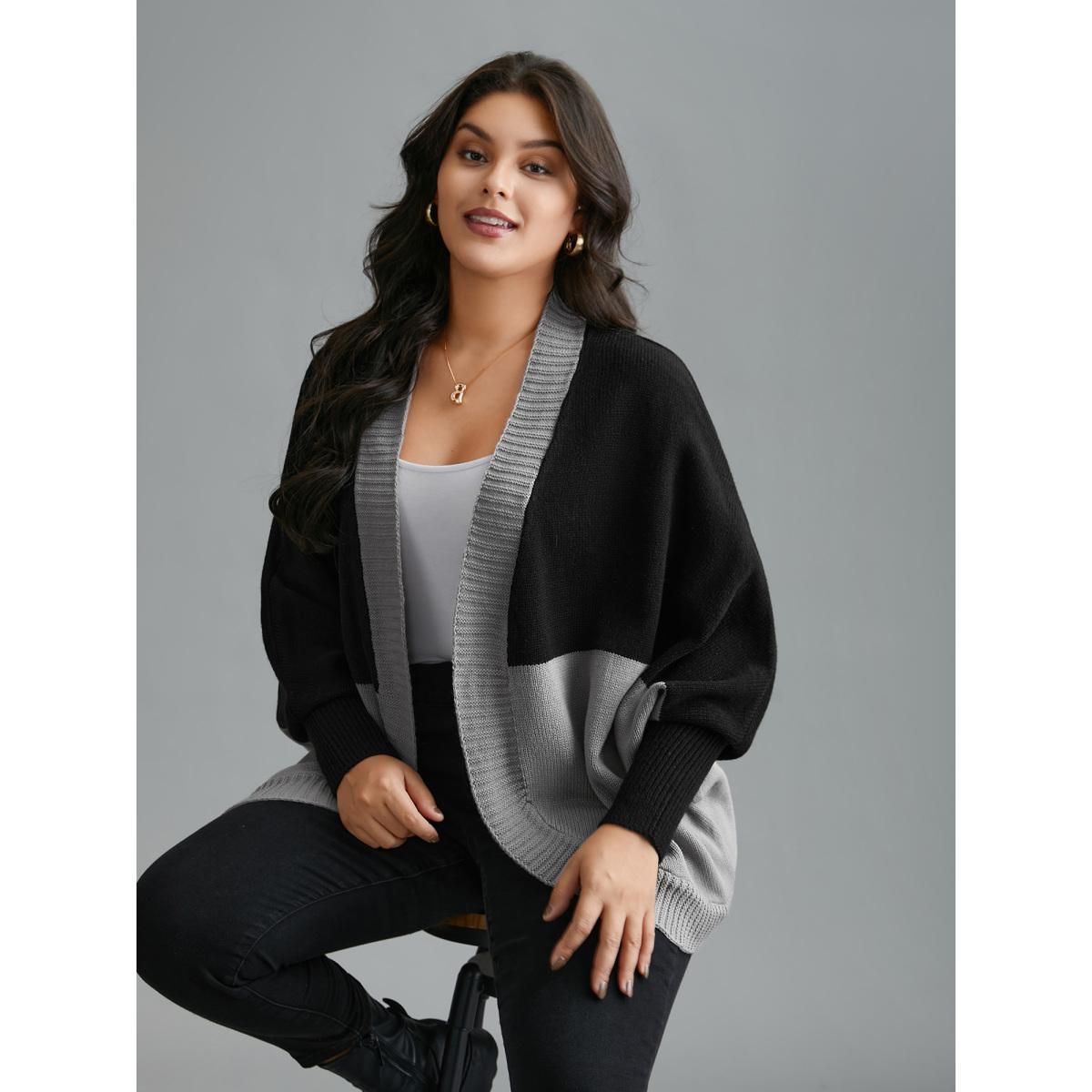 Plus Size Curvy Ribbed Hem Color Block Knit Cardigan Black Women Casual Loose Long Sleeve Everyday Cardigans BloomChic 26/4X Product Image