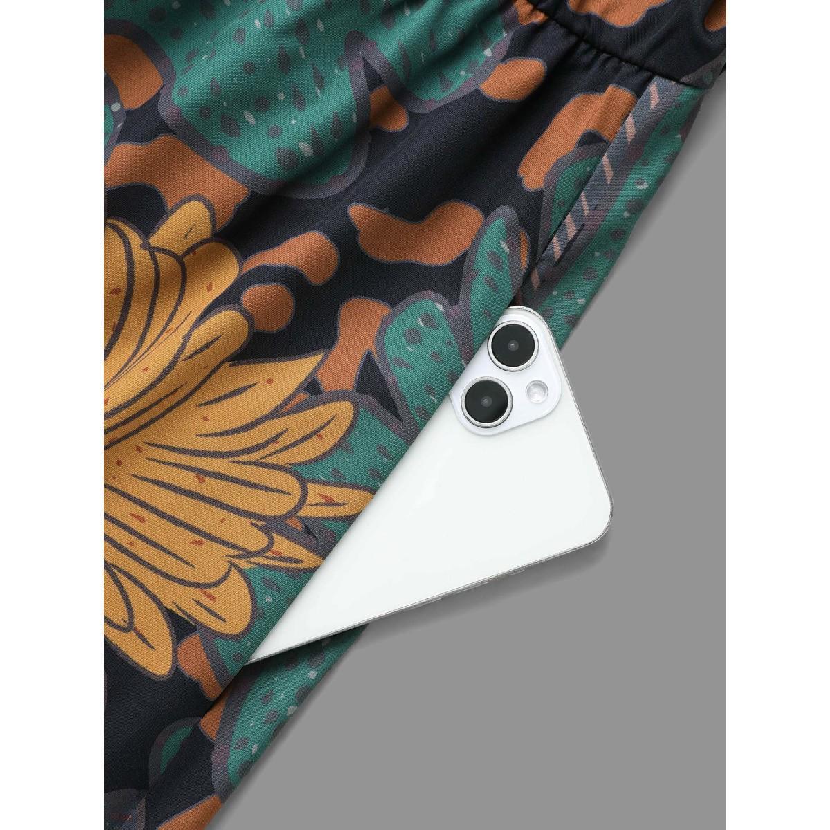 Plus Size Boho Print Belted Lantern Sleeve Dress Black Women Resort Belted Overlap Collar Long Sleeve Curvy BloomChic 14-16/1X Product Image