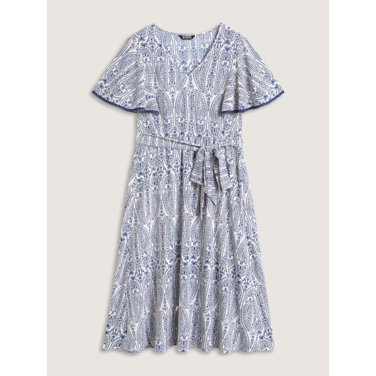 Plus Size Rayon Paisley Print Cinched-Waist Midi Dress DarkBlue Women V-neck Short sleeve Curvy BloomChic 18-20/2X Product Image