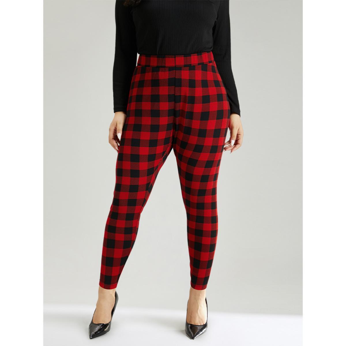 Plus Size Plaid Elastic Waist High Rise Skinny Leggings Women Raspberry Elegant High stretch Skinny High Rise Festival-Christmas Leggings BloomChic 10/M Product Image