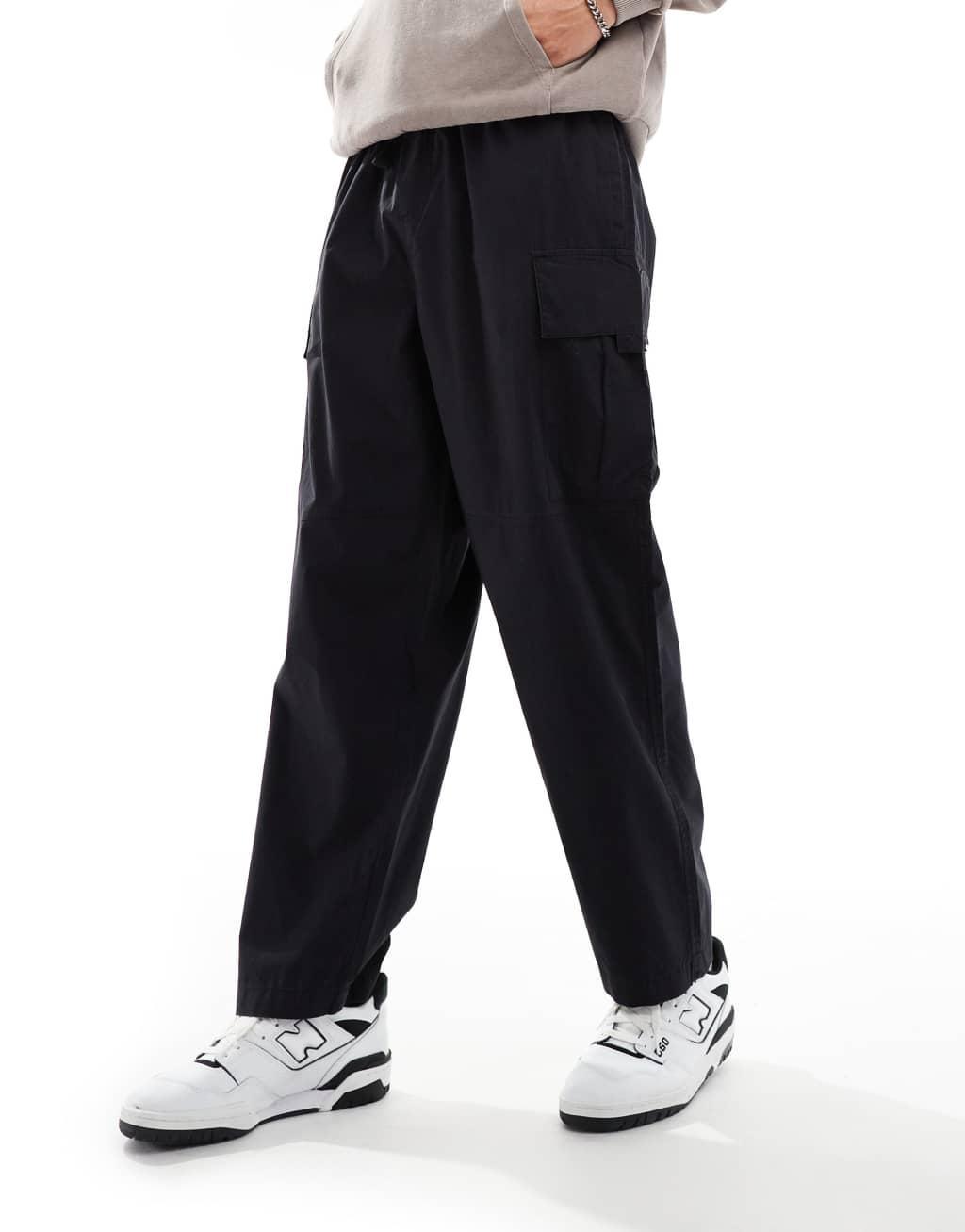 Another Influence wide leg parachute cargo pants in black Product Image