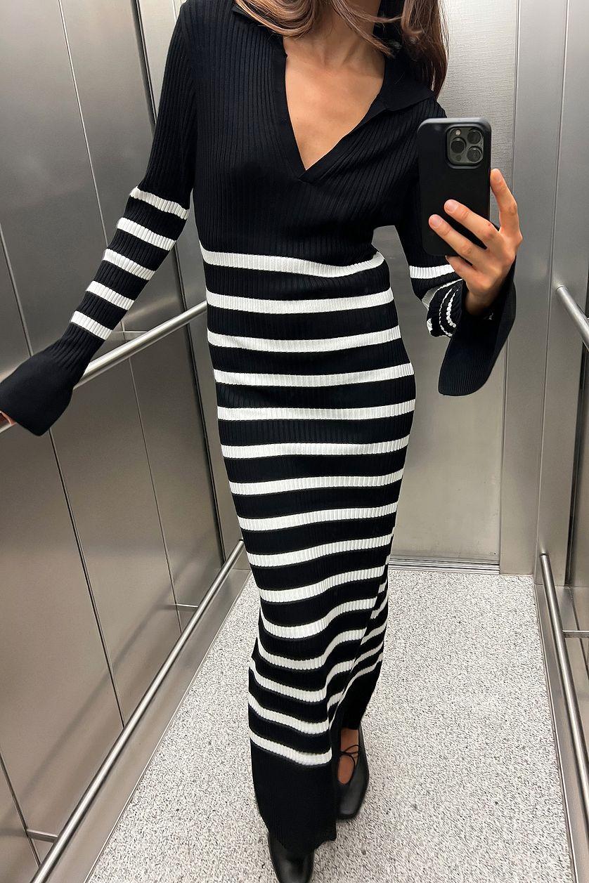 Striped Rib Knitted Trumpet Sleeve Dress Product Image