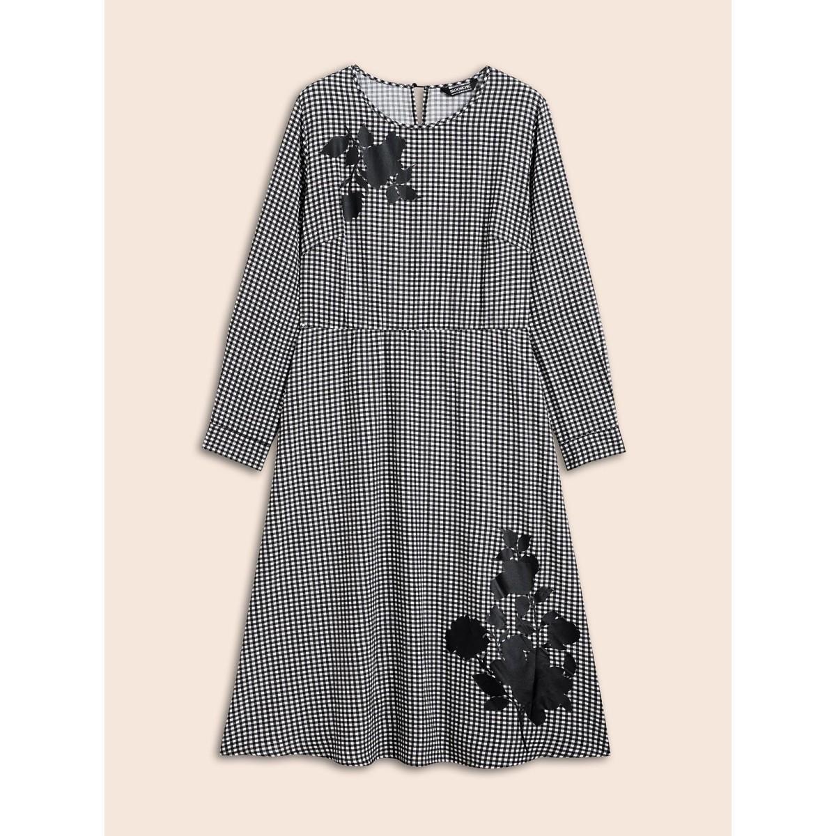 Plus Size Gingham Silhouette Floral Print Midi Dress Black Women Elegant Non Round Neck Long Sleeve Curvy BloomChic 28/5X Product Image