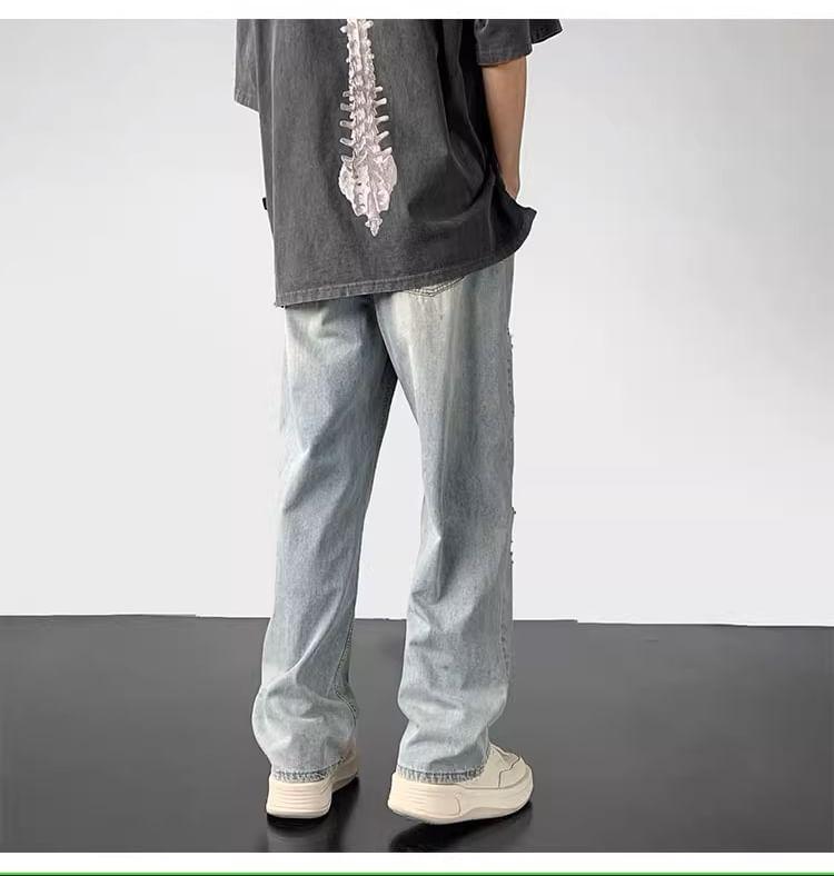 Drawstring Waist Washed Distressed Loose Fit Jeans Product Image