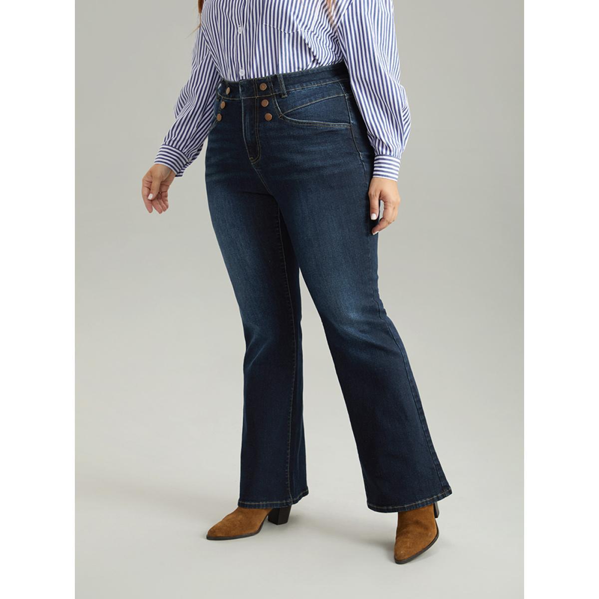 Plus Size Flare Leg Button Detail High Rise Jeans Women Indigo Casual Plain Non High stretch Slanted pocket Jeans BloomChic 20/2X Product Image