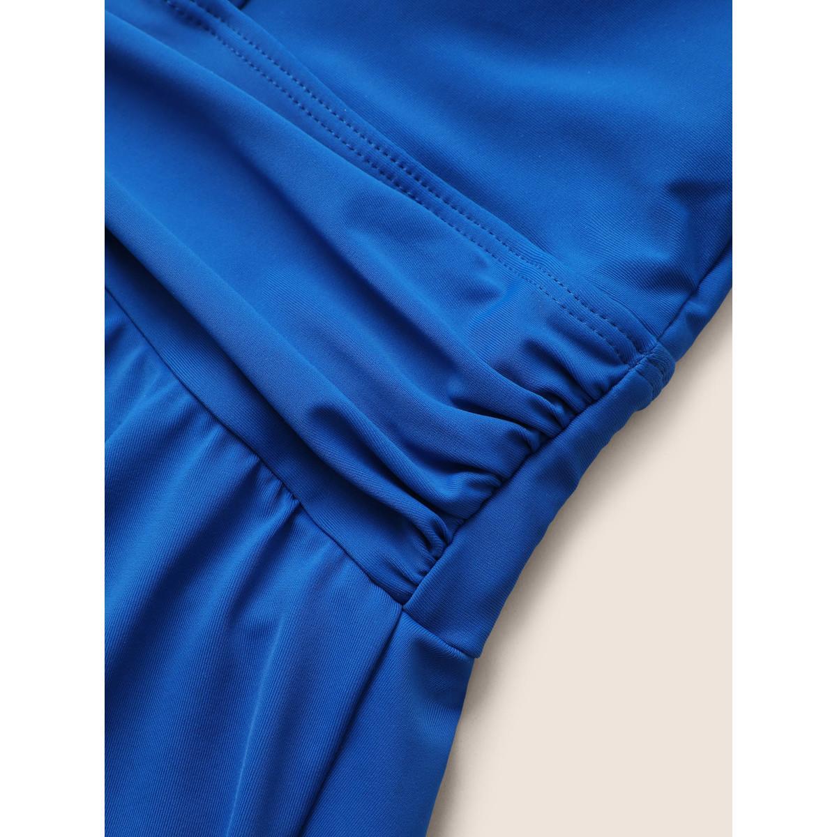 Plus Size Solid Ruffle Hem Empire Waist Halter Neck Swim Dress Women's Swimwear Blue Beach Bodycon Halter neck High stretch Curve Swim Dresses BloomChic 22-24/3X Product Image