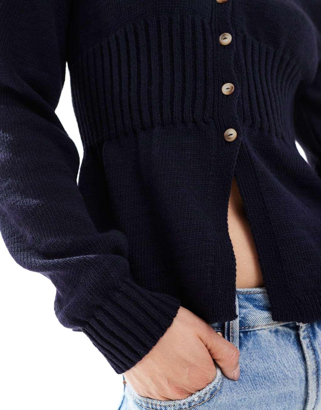ASOS DESIGN knit v neck cardigan with structured waist detail in navy Product Image