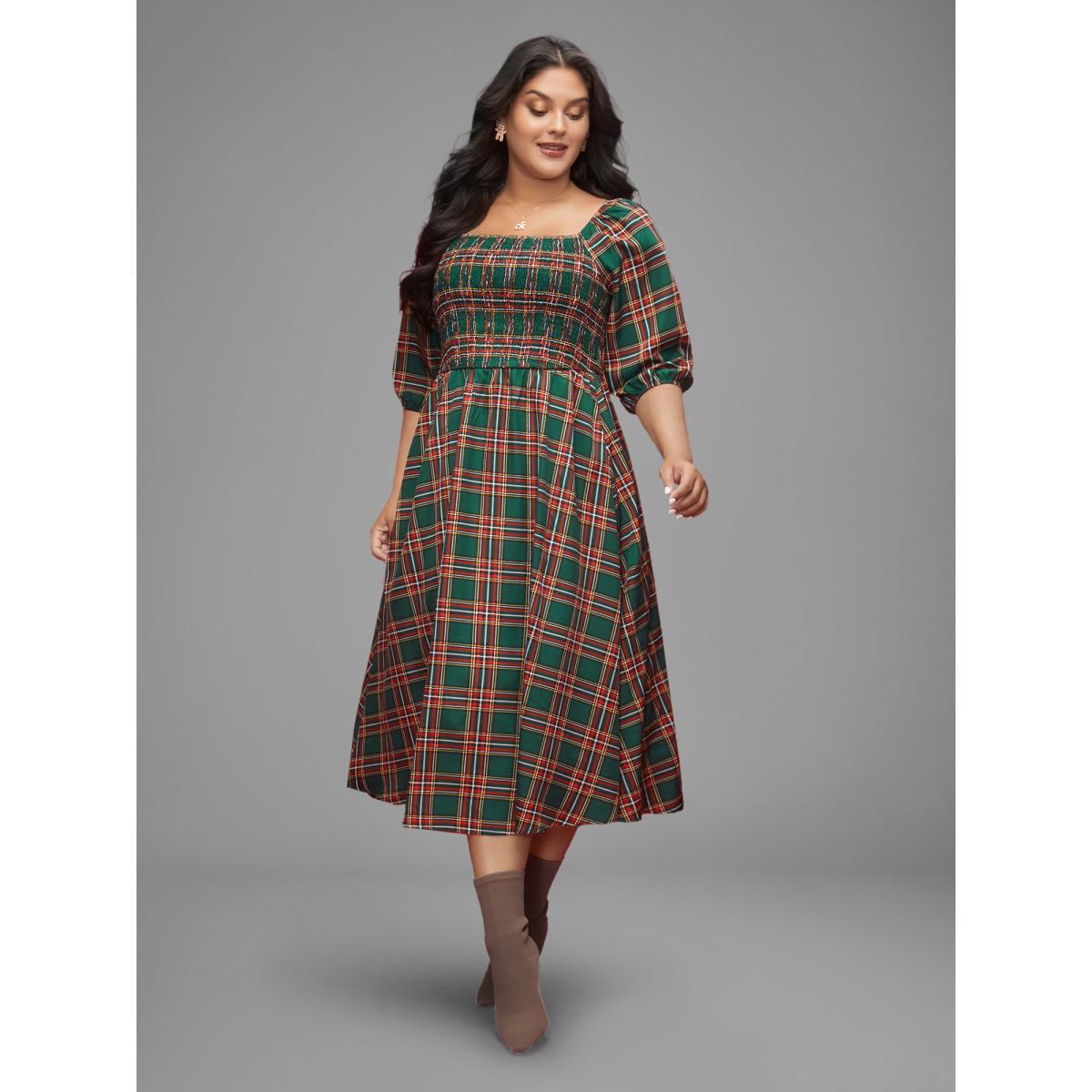 Plus Size Square Neckline Plaid Smocked Bodice Midi Dress Emerald Women Casual Shirred Square Neck Elbow-length sleeve Curvy BloomChic 30/6X Product Image