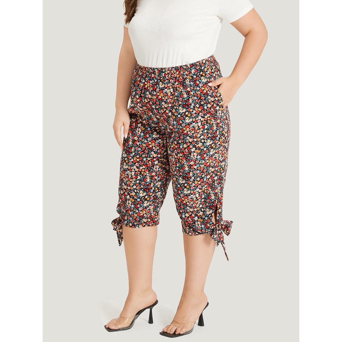 Plus Size Ditsy Floral Pocket Elastic Waist Twist Hem Pants Women Multicolor Elegant High Rise Dailywear Pants BloomChic 26/4X Product Image