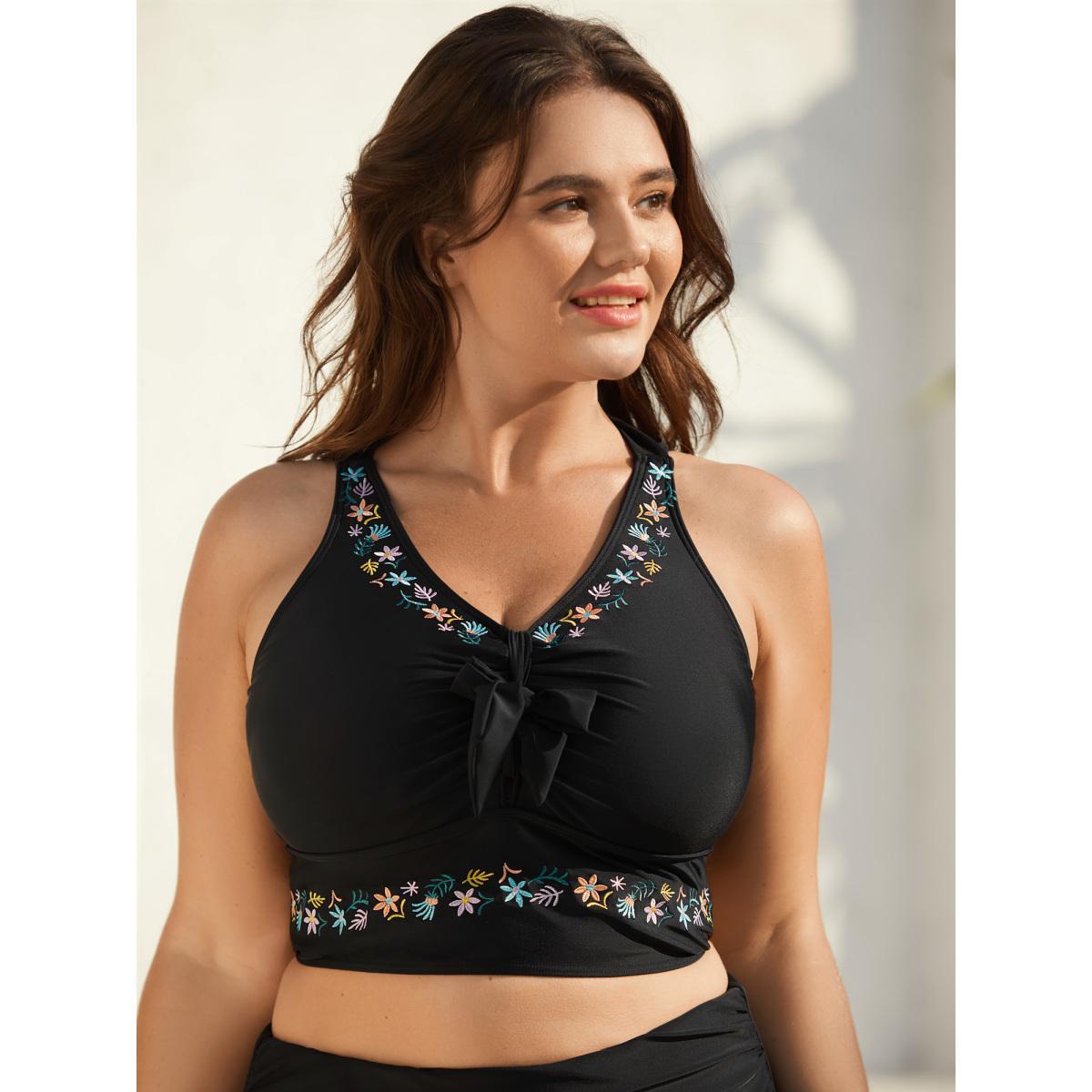 Plus Size Multi-Color Embroidered Lace Tied Swim Top Women's Swimwear Black Beach Tie knot High stretch Skinny Heart neckline Curve Swim Tops BloomChic 28/5X Product Image