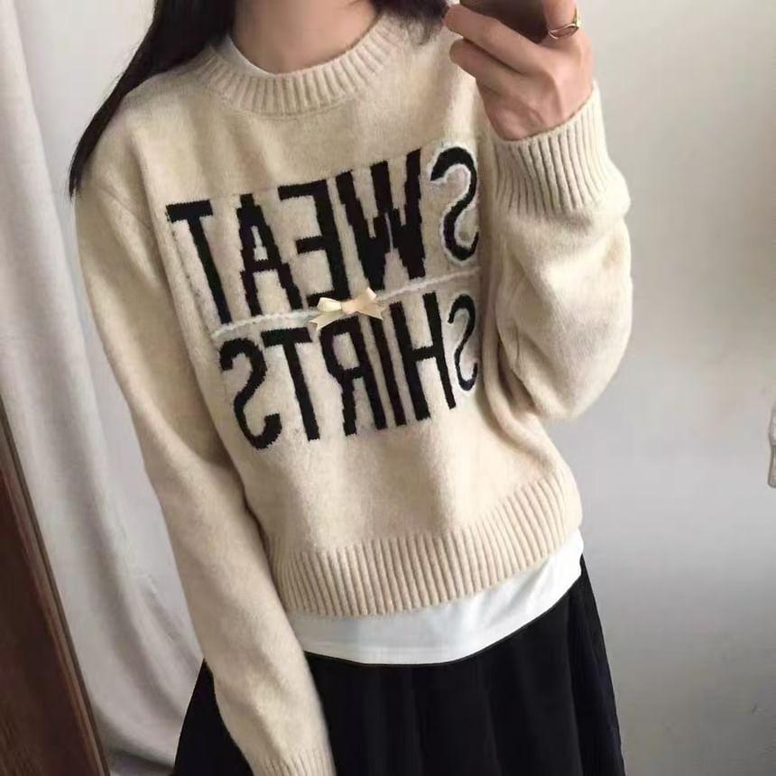 Long-Sleeve Round Neck Lettering Sweater Product Image