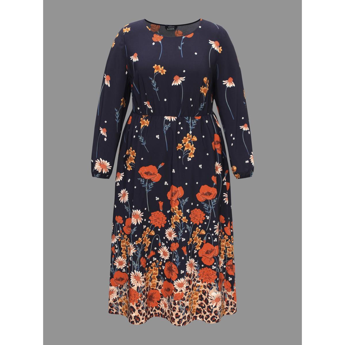 Plus Size Floral Boho Print Lantern Sleeve Dress Indigo Women Elegant Non Round Neck Long Sleeve Curvy BloomChic 30/6X Product Image