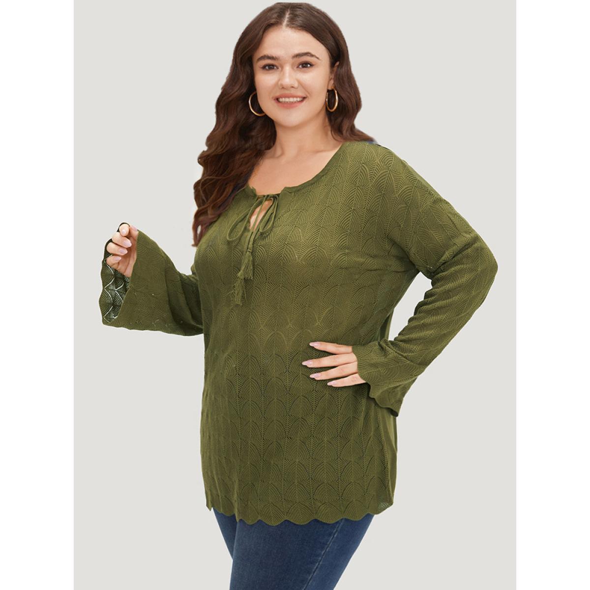 Plus Size Solid Ties Bell Sleeve Scalloped Trim Breathable Pullover Moss Women Casual Loose Long Sleeve V-neck Dailywear Pullovers BloomChic 26/4X Product Image